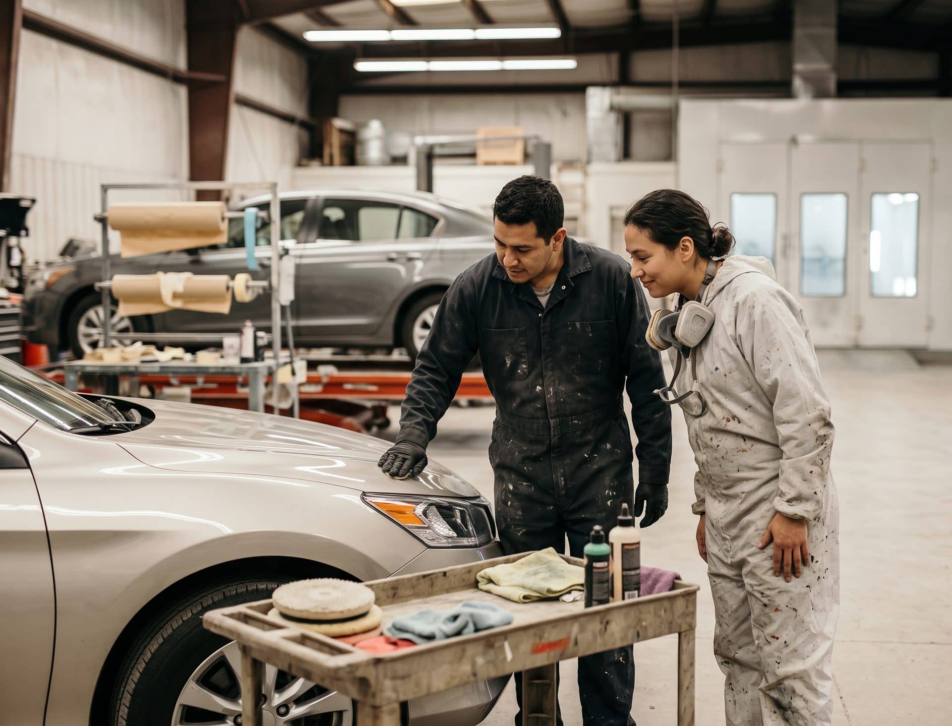 A body technician and a painter checking the finish on a freshly repaired car in a collision repair shop